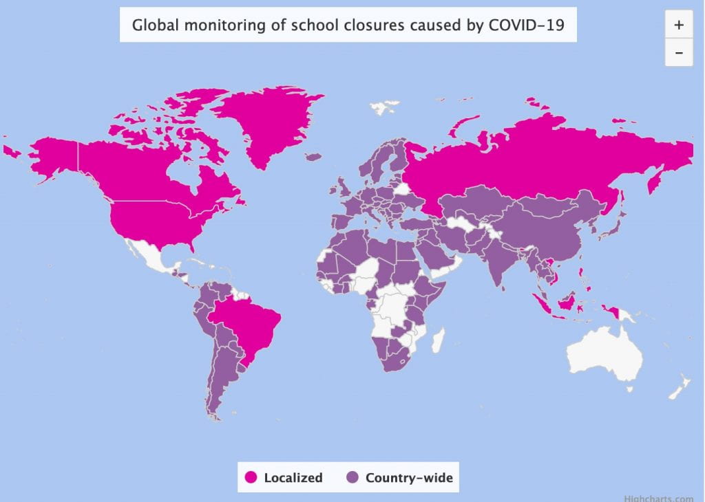mapshowing global monitoring of school closures caused by covid 19