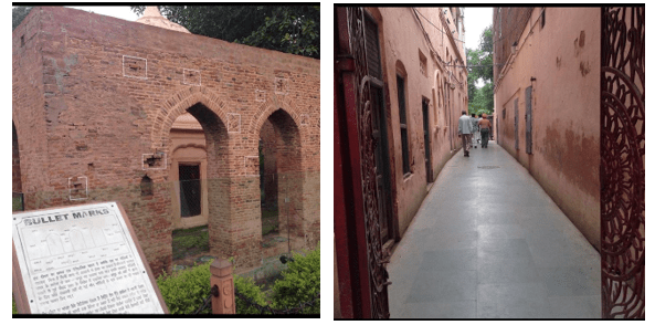 Figure 1 Left: Jallianwala Bagh bullet marks in wall. Right: This narrow alley was the only exit from the Bagh in 1919
