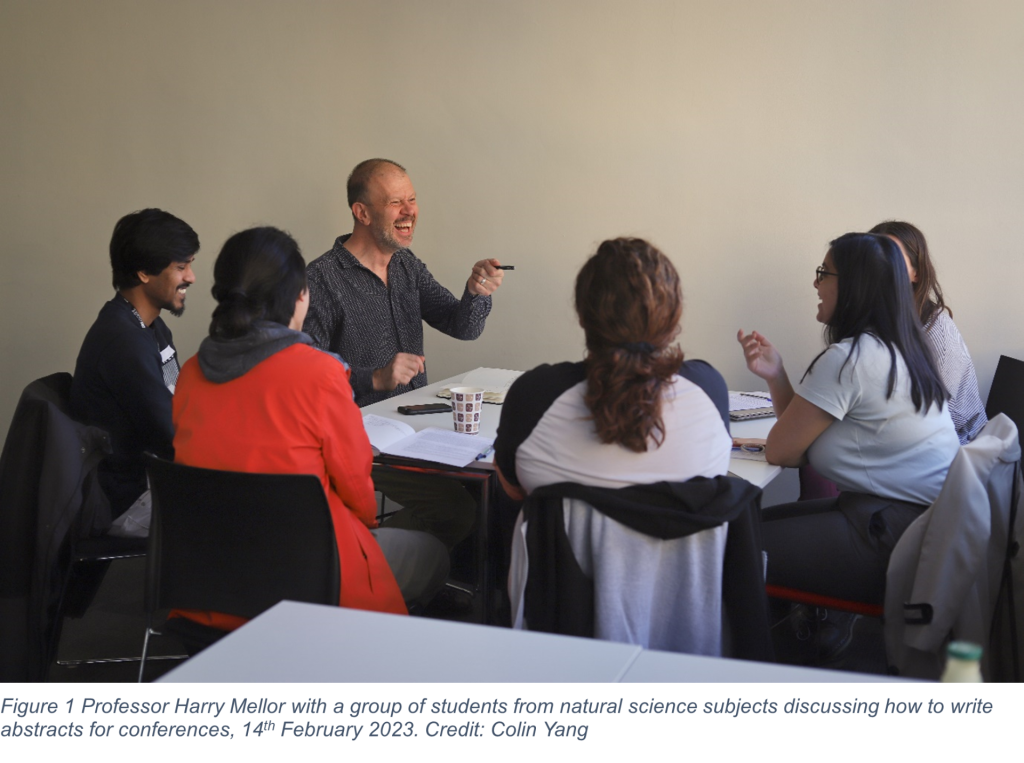 Professor Harry Mellor with a group of students from natural science subjects discussing how to write abstracts for conferences, 14th February 2023. Credit: Colin Yang